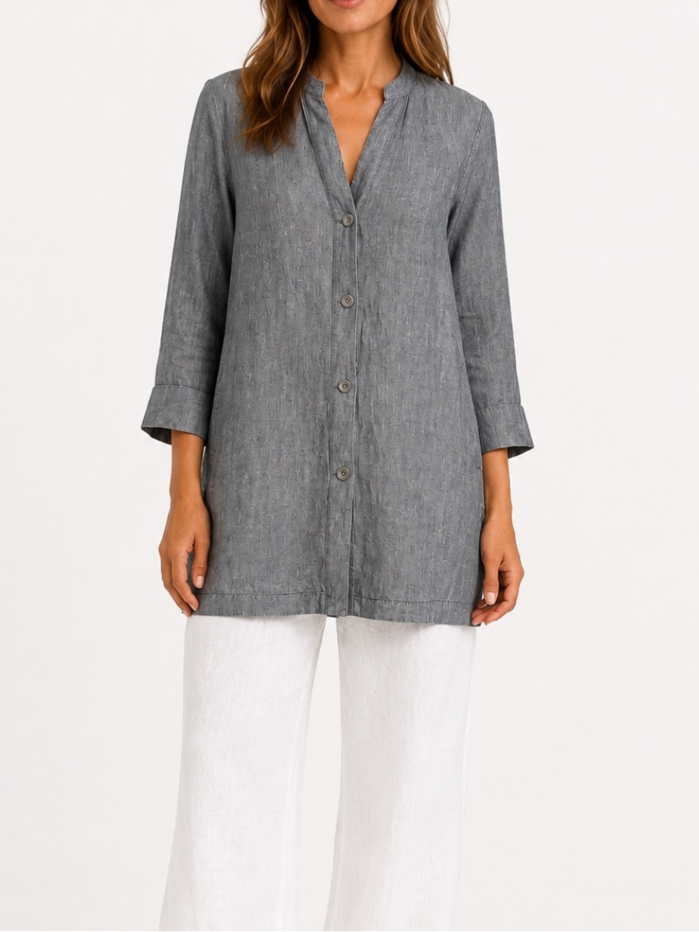 🛍️SALE Eileen fisher linen blend button front long sleeve tunic mini dress sz xs